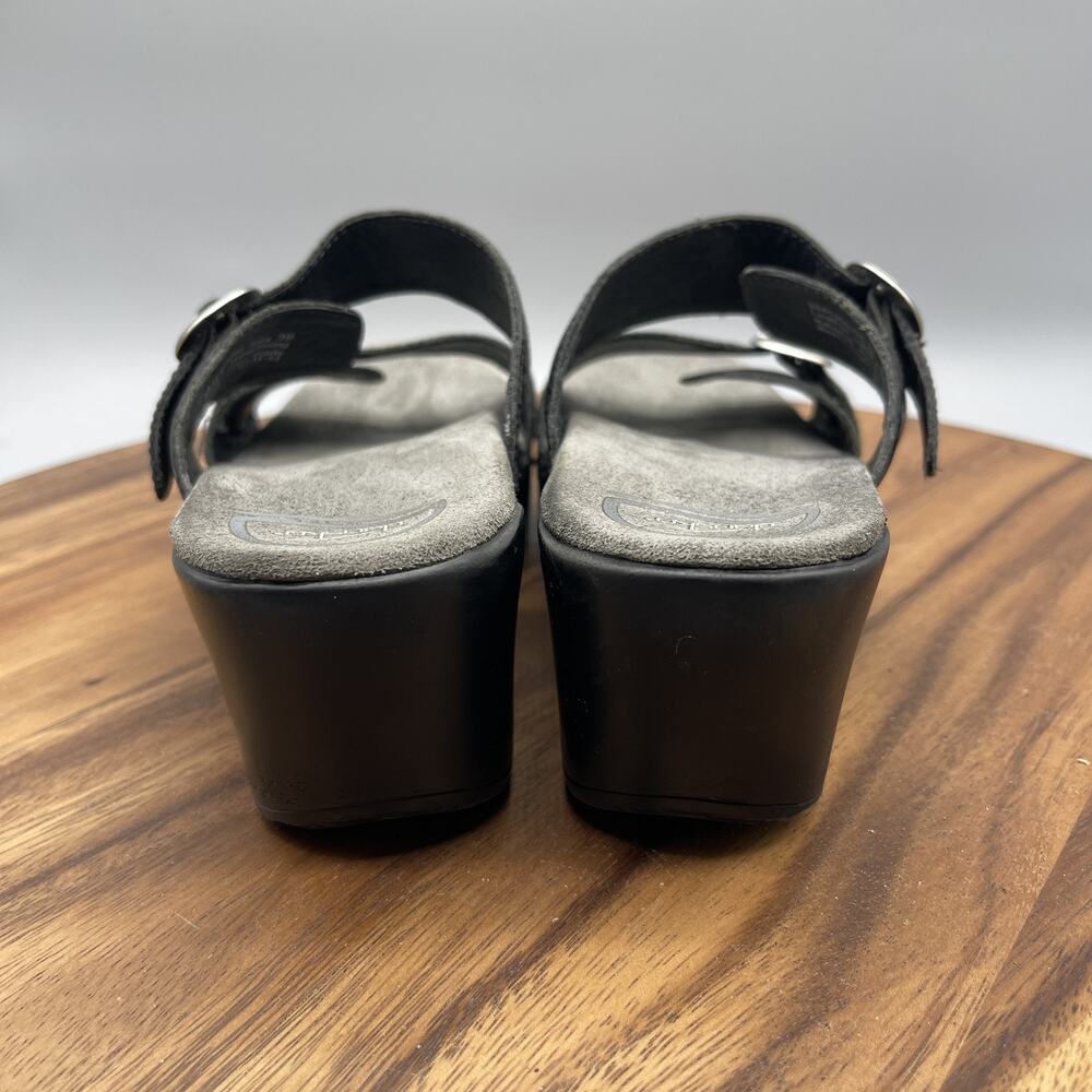 Dansko Shoes Womens 8.5 / 39 Black Embossed Wedge Sandals Comfort Slip On Buckle - Picture 4 of 8